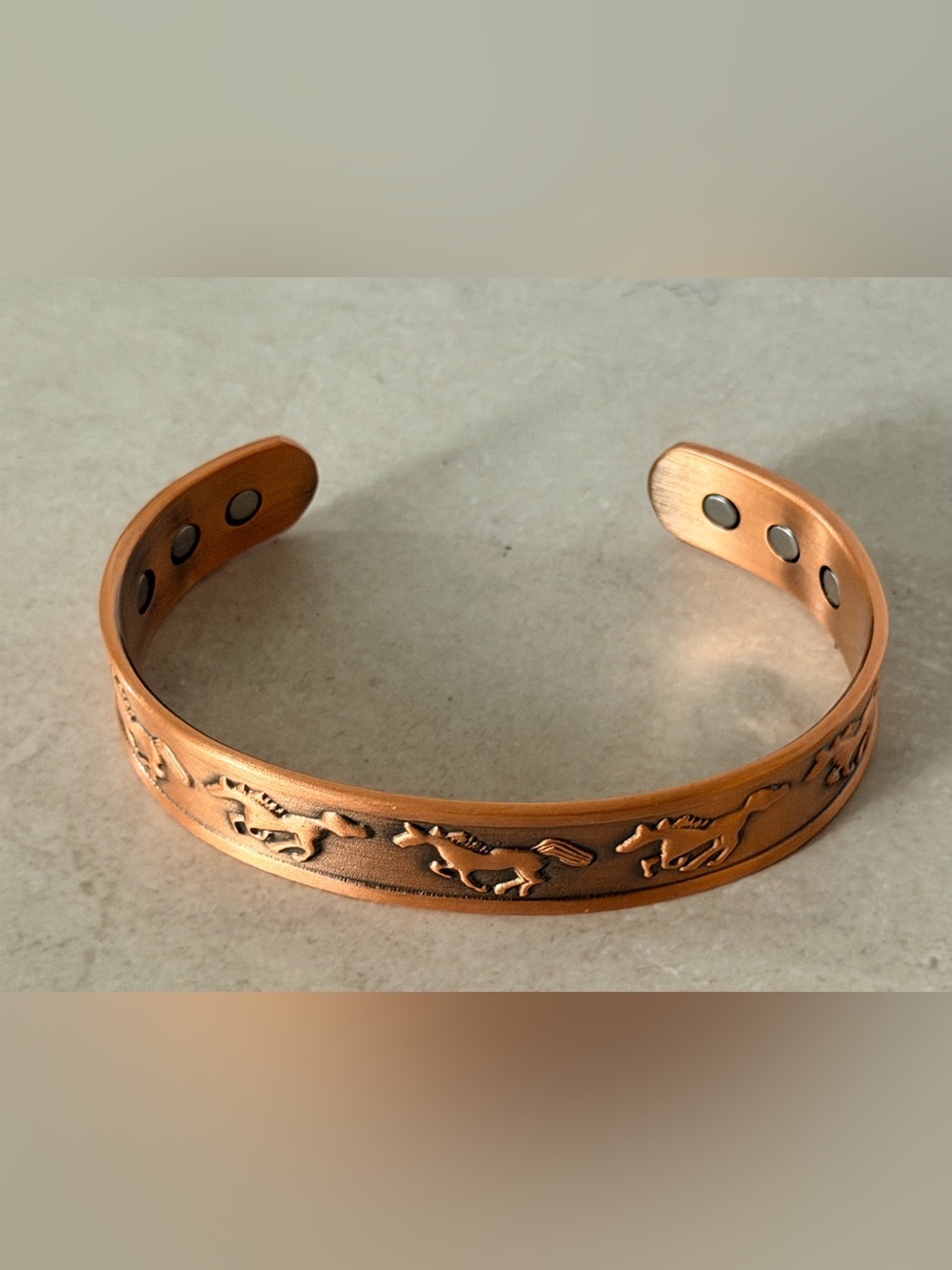 Unisex Men or Women Copper Horses Running Designs Embossed Magnetic Open Cuff